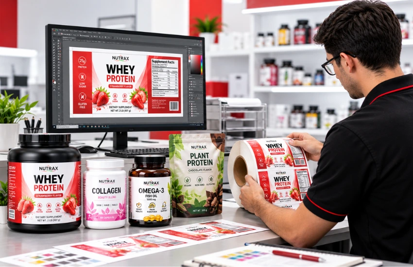 Trained operator running an in-house digital label press for supplement labels.