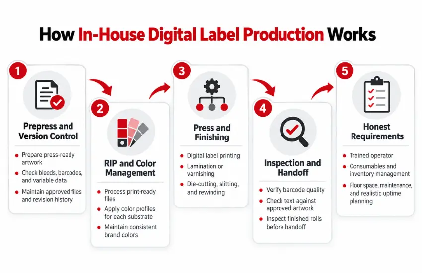 In-house digital label production workflow, from prepress through finishing and inspection.