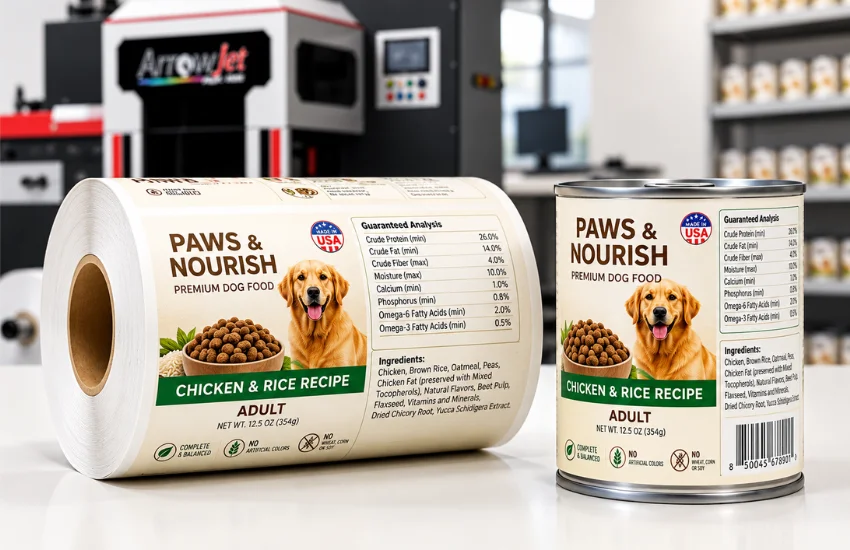 In-house pet food label production using ArrowJet digital label presses — enabling same-day AAFCO label revisions when formulas or guaranteed analysis changes