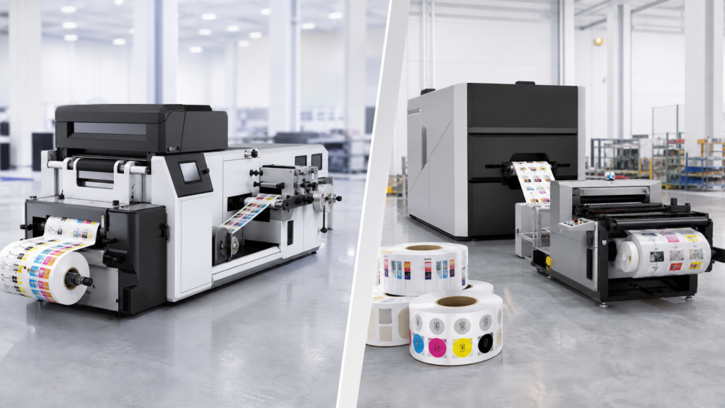 Side-by-side inline print-and-finish line and separate offline digital label printer and finisher