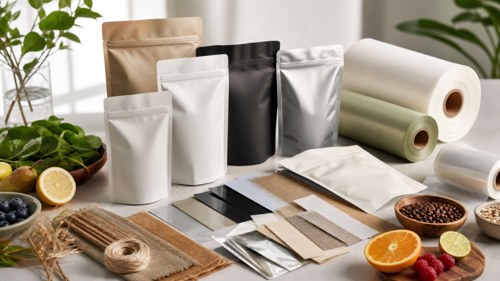 Operator reviewing digitally printed flexible packaging pouches and roll stock