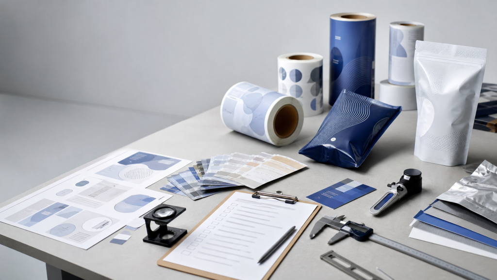 Retail label proofs, finished rolls, flexible packaging samples, color targets, and a quality checklist