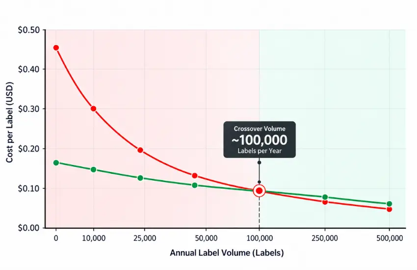 Volume crossover chart comparing print-on-demand landed cost to in-house fully loaded cost per label.
