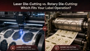 Laser die-cutting system cutting custom label shapes on roll media without physical dies.