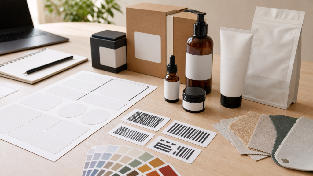 Digital label printer buyer checklist with label rolls and material swatches