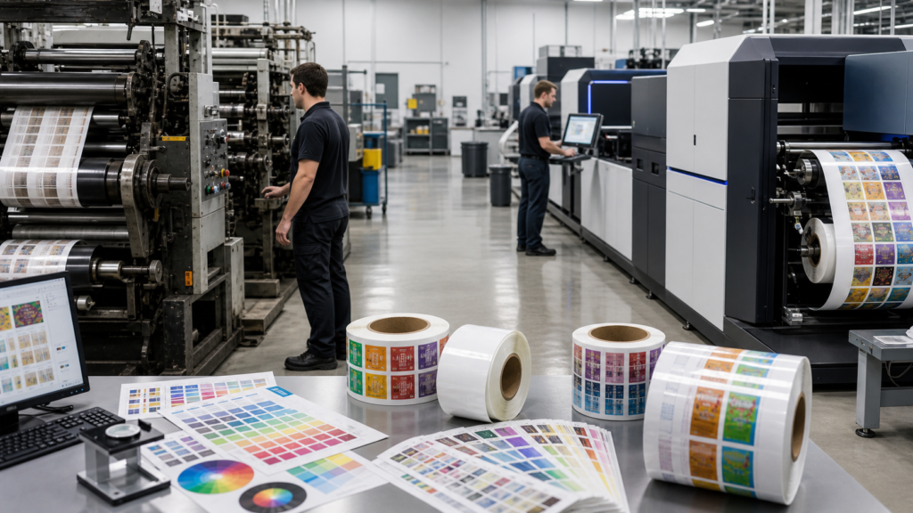 Production planner comparing flexographic press setup records with a digital label printing workflow