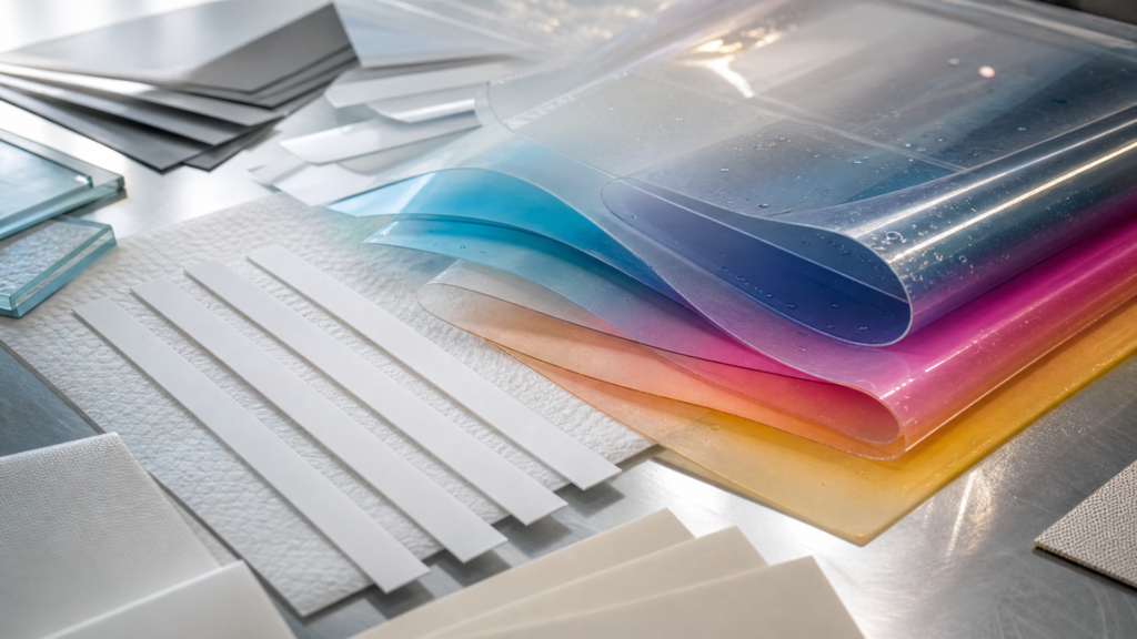 Operator reviewing new inkjet printing solutions on plastics samples for material, color, and finishing quality