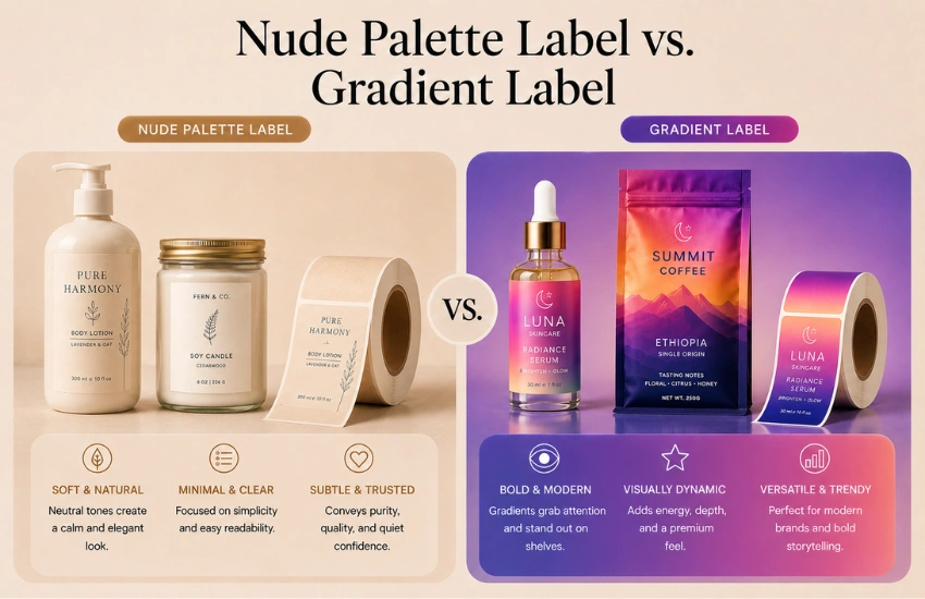 Nude palette and gradient label comparison showing skincare, candle, coffee pouch, and label roll applications on both sides.
