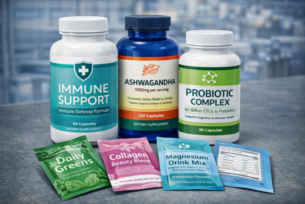 Nutraceutical label printing showing dietary supplement bottles including immune support, ashwagandha, and probiotic complex supplements with custom printed labels