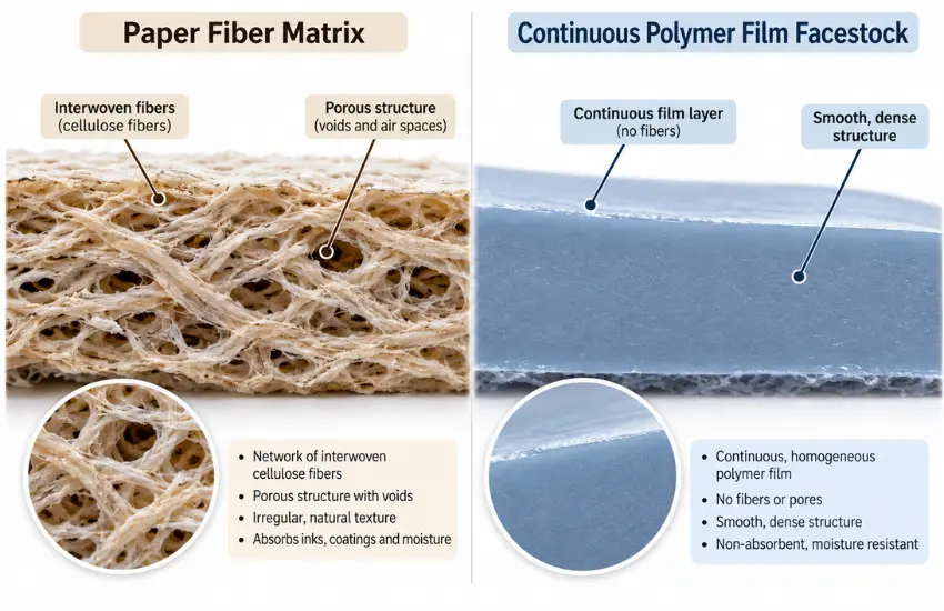 Paper fiber matrix compared to continuous polymer film facestock for label substrates.