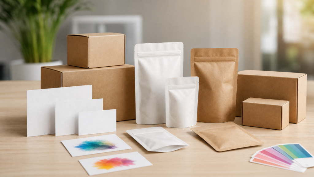 Corrugated cartons and flexible packages with abstract variable print samples on a production table