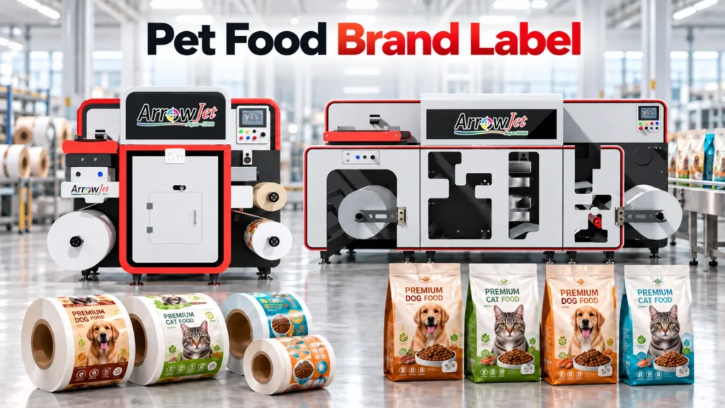 In-house digital label printing for pet food brand packaging.