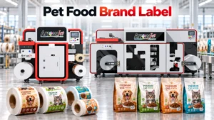 In-house digital label printing for pet food brand packaging.