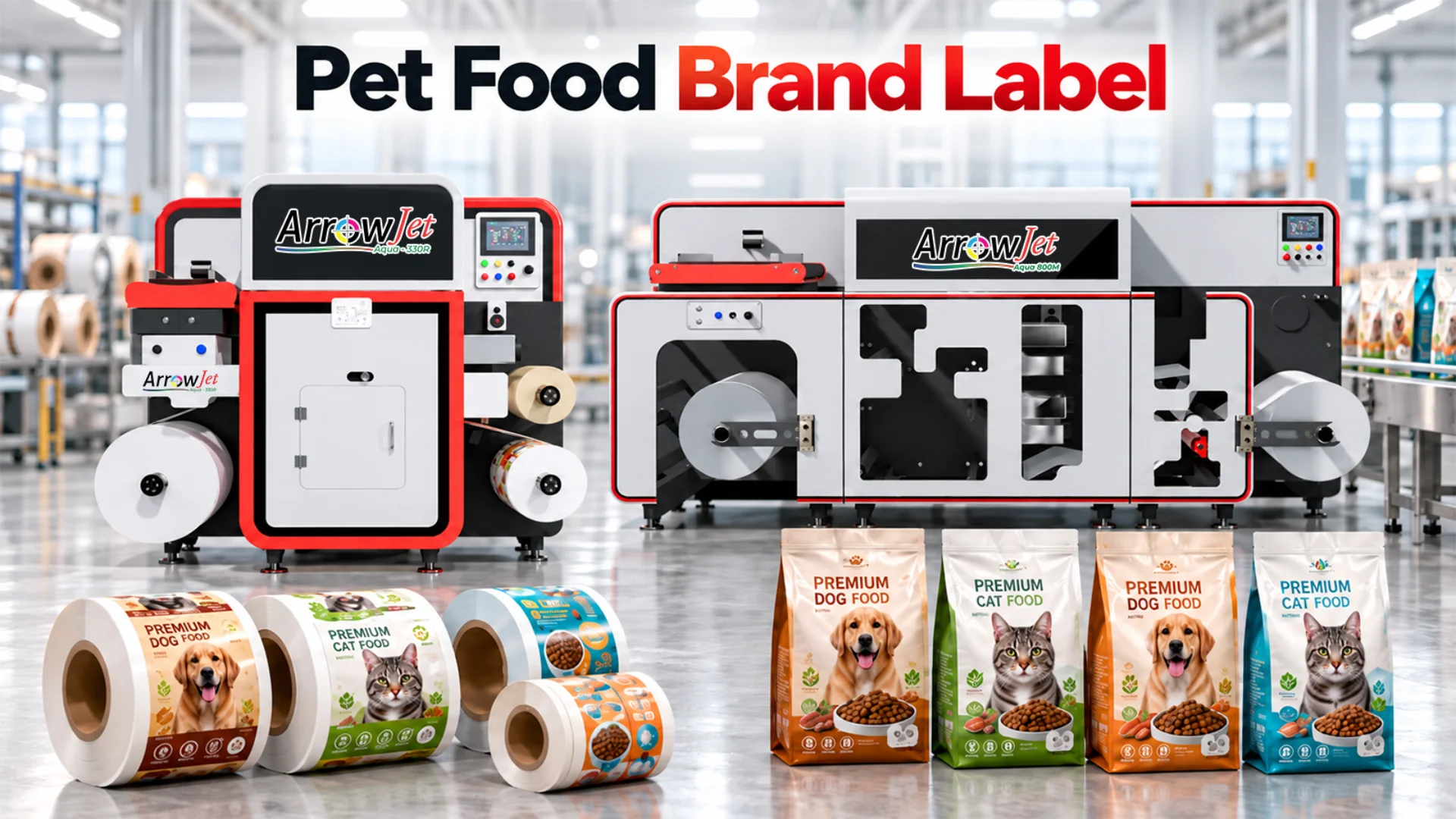 In-house digital label printing for pet food brand packaging.