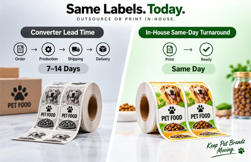 Outsourced converter lead time versus in-house digital label printing turnaround for pet food brands.