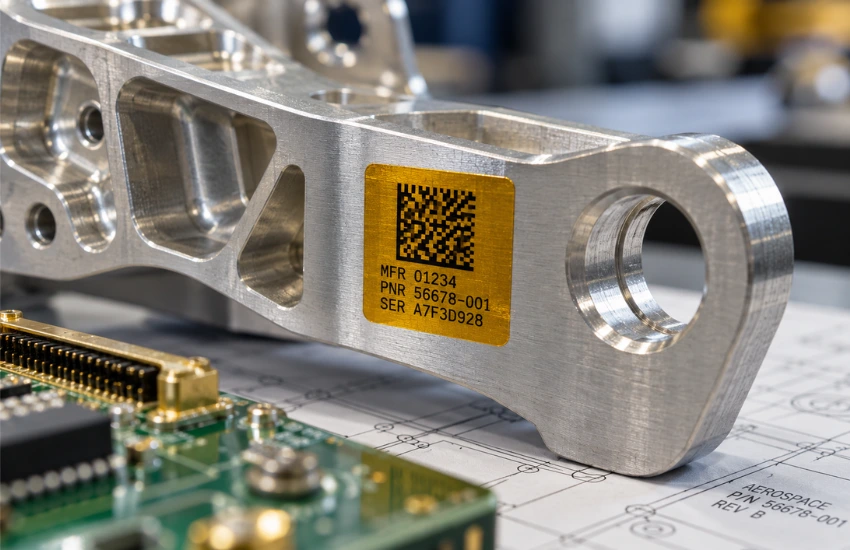 Polyimide label with a Data Matrix code on a serialized aerospace component for high-temperature traceability.