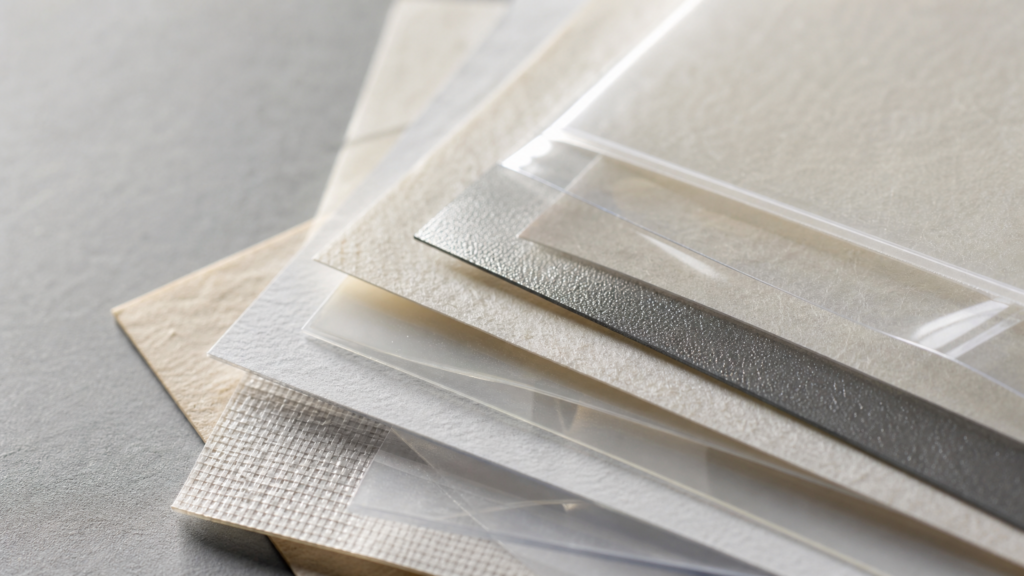 Layered pressure-sensitive label construction showing facestock adhesive and liner