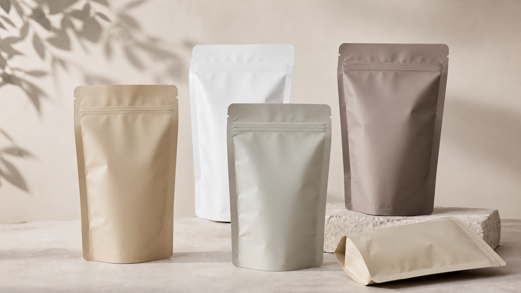 Blank stand-up pouches and flat flexible packaging samples in neutral materials