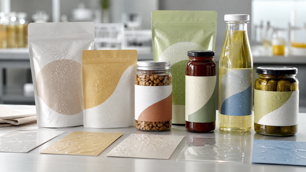 Food packages with durable label samples undergoing moisture, rub, and barcode checks