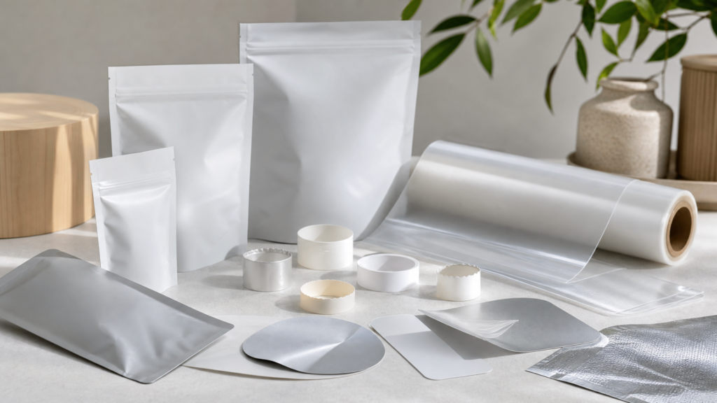 Sealed pouches, cap bands, lidding film, and protective packaging samples on a clean table