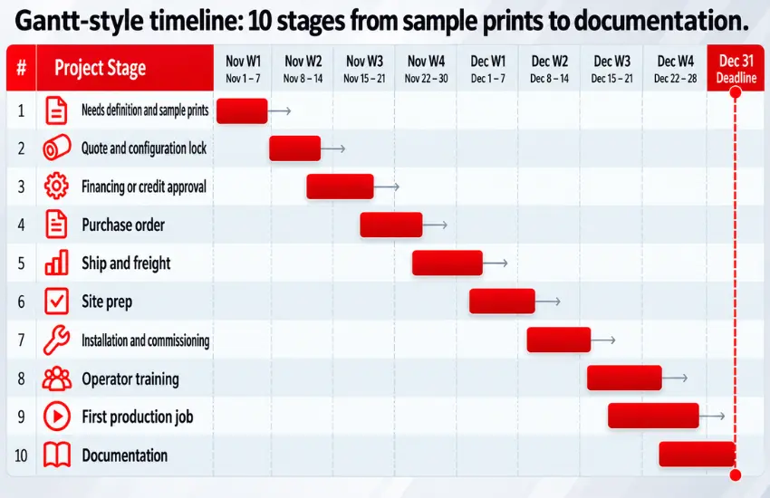 Q4 label press purchase timeline from quote and financing to installation and placed-in-service date before December 31.