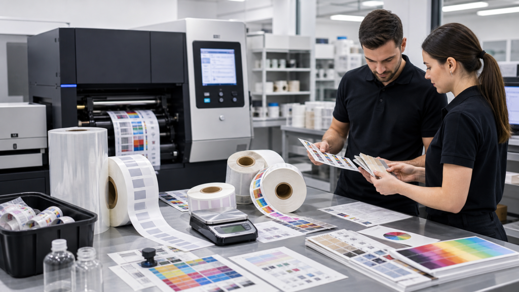 Label production dashboard comparing ink coverage, substrate waste, rejected rolls, and accepted labels