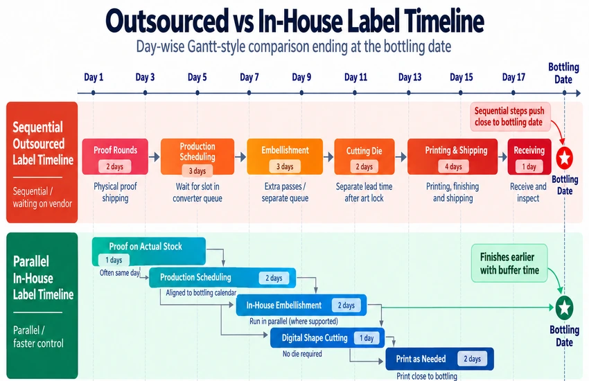 Backward-planning timeline for seasonal spirits label production, comparing sequential outsourced steps with parallel in-house steps.