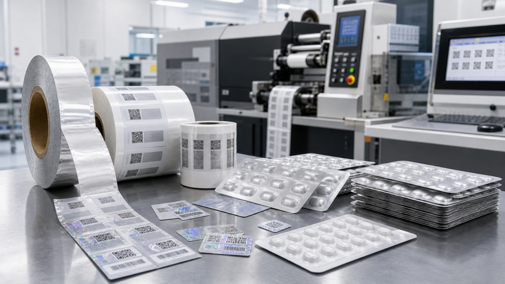 Pharmaceutical blister foil and security labels with variable codes, inspection marks, and tamper-evident features