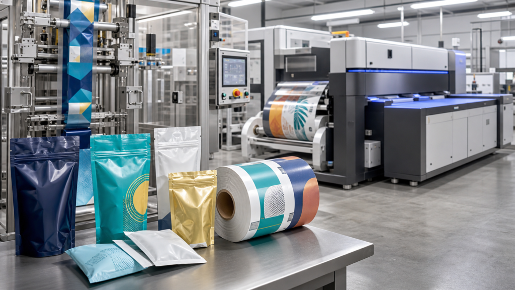 Printed flexible film running through vertical and horizontal form-fill-seal packaging equipment