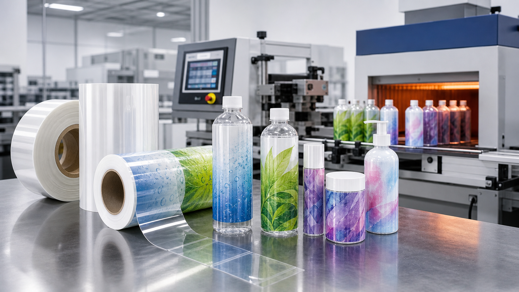 Printed shrink sleeve film before and after shrinking onto shaped beverage and personal-care containers
