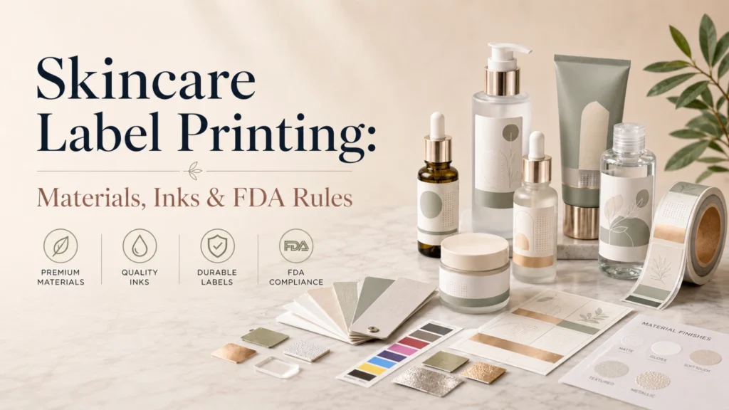 Skincare product labels on various packaging formats demonstrating material and finish durability