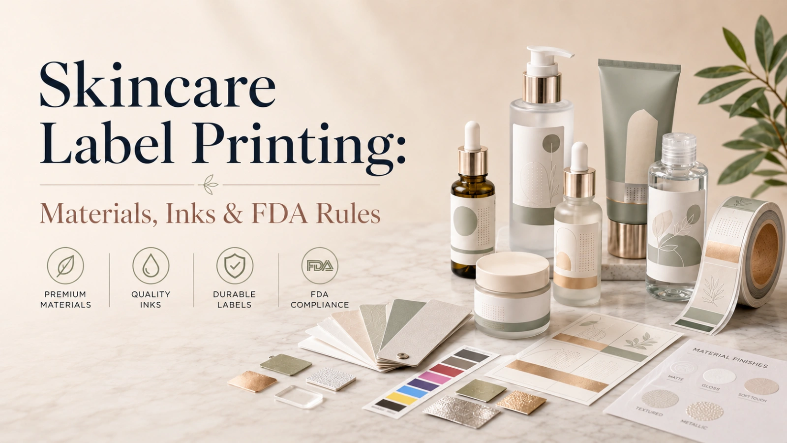 Skincare product labels on various packaging formats demonstrating material and finish durability