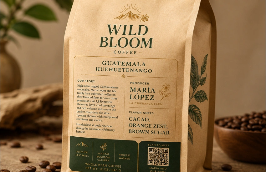 Specialty coffee bag front panel showing producer name, altitude, varietal, flavor-notes typography, and QR code traceability feature