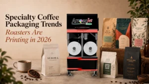 Specialty coffee bags printed on kraft, recyclable, and compostable substrates — showing producer storytelling, flavor-notes typography, and substrate-forward design.
