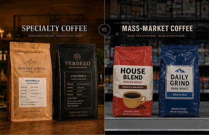 Specialty coffee packaging versus mass-market coffee packaging — showing the contrast in storytelling depth, substrate choice, and design intent.