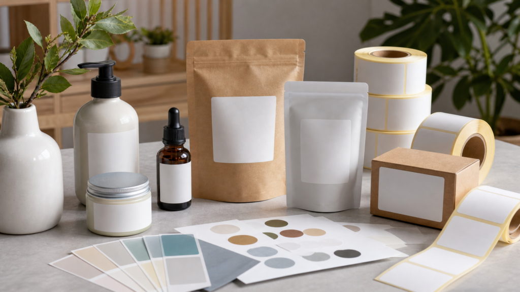 Operator reviewing short-run label samples for material, color, and finishing quality