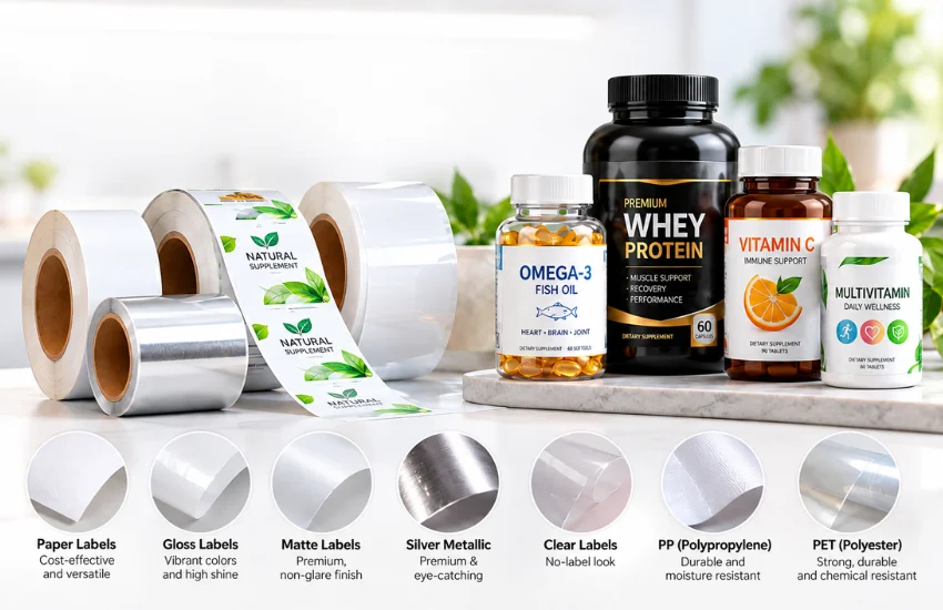 Supplement label substrate comparison showing BOPP film, PET polyester, and paper options for supplement bottle and sachet labeling