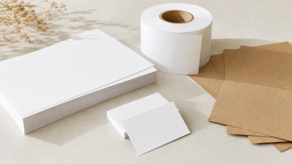 Sign and copy shop worktable with short-run roll labels and printed graphics