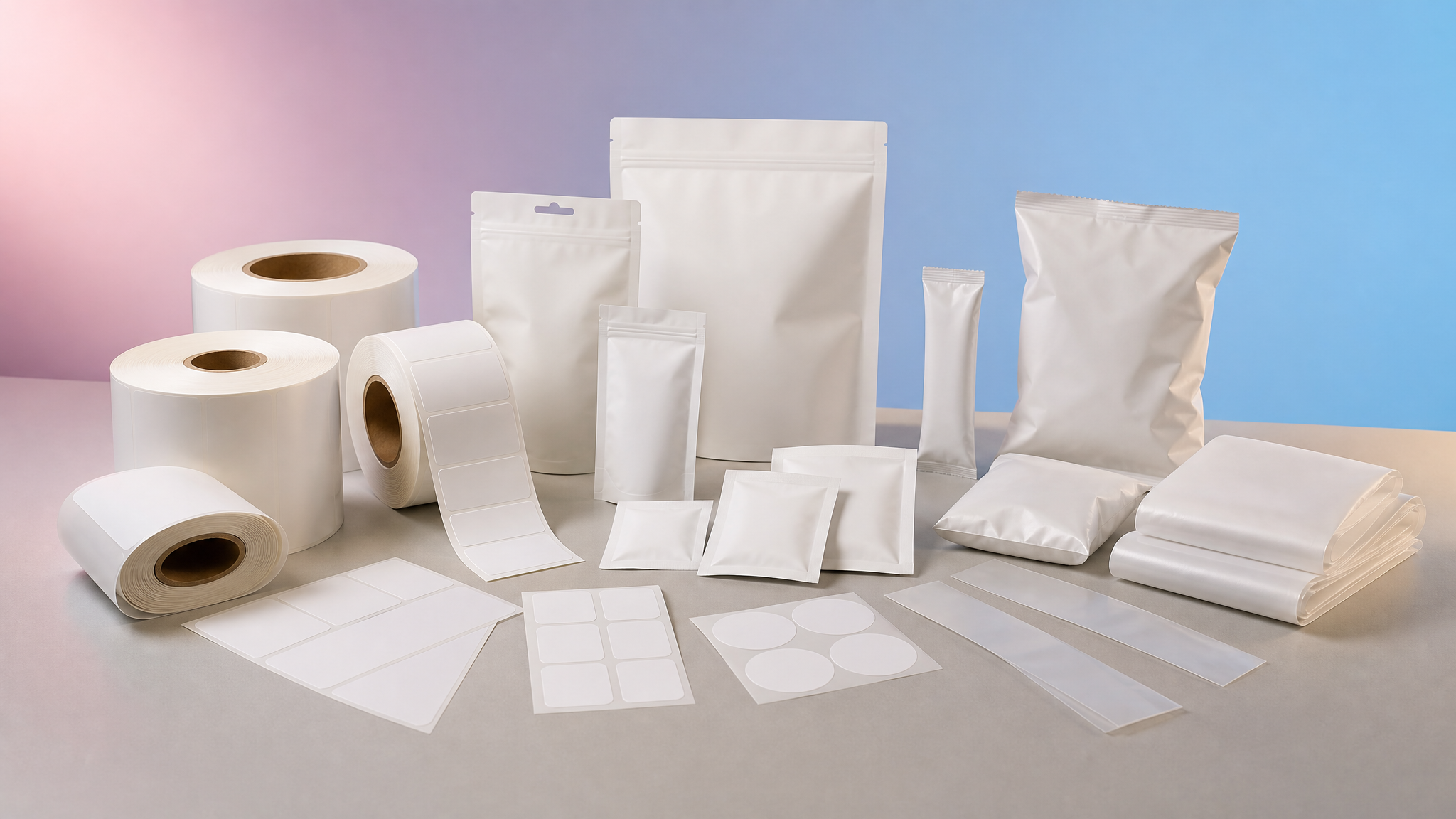 Finished blank label rolls and product packages arranged in a digital workflow