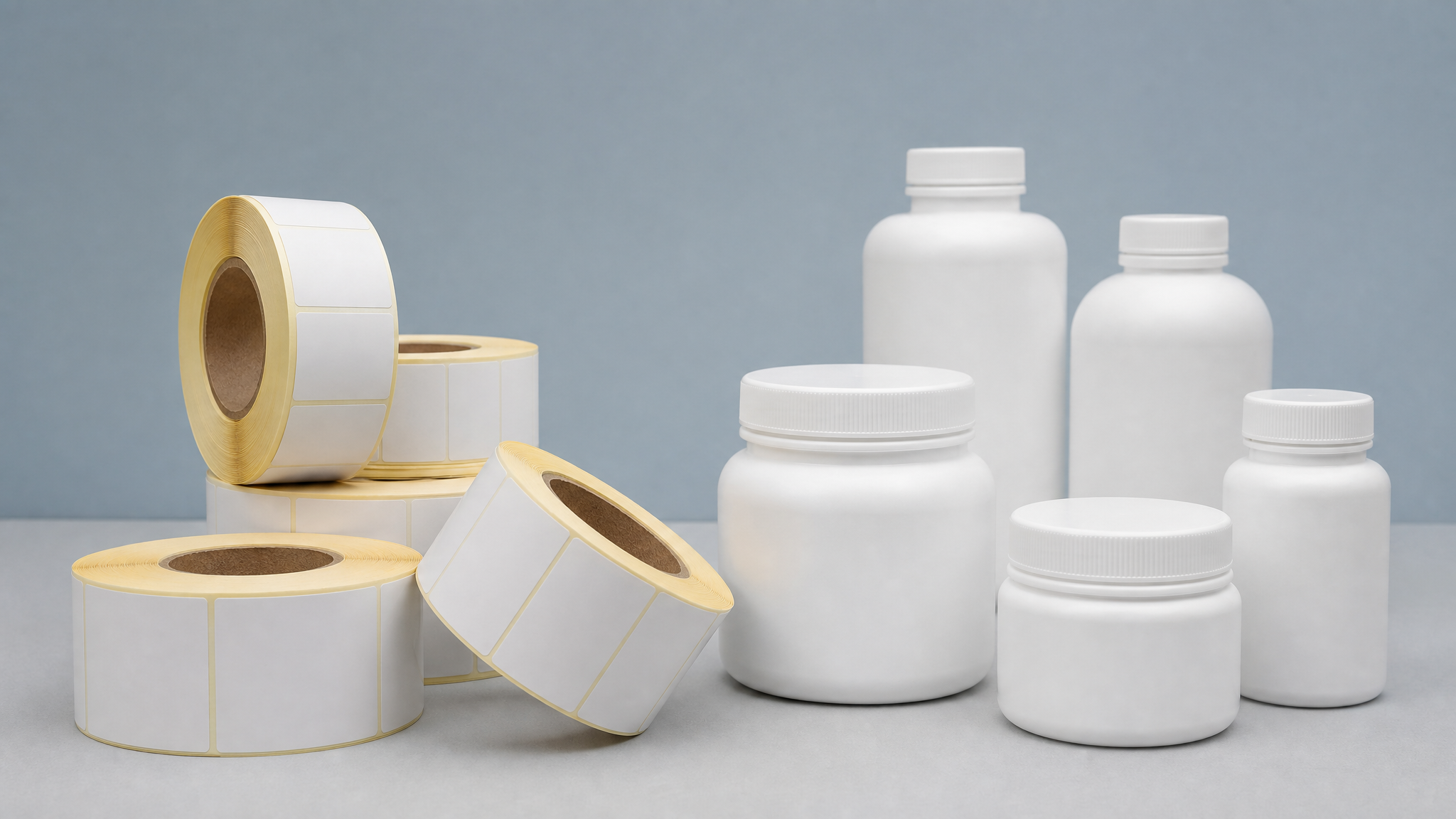 Blank product labels and roll stock arranged as a historical digital printer comparison