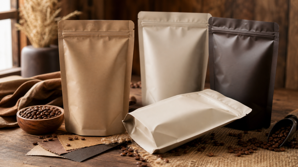 Printed coffee pouches with valves, zippers and roast information on a packaging line