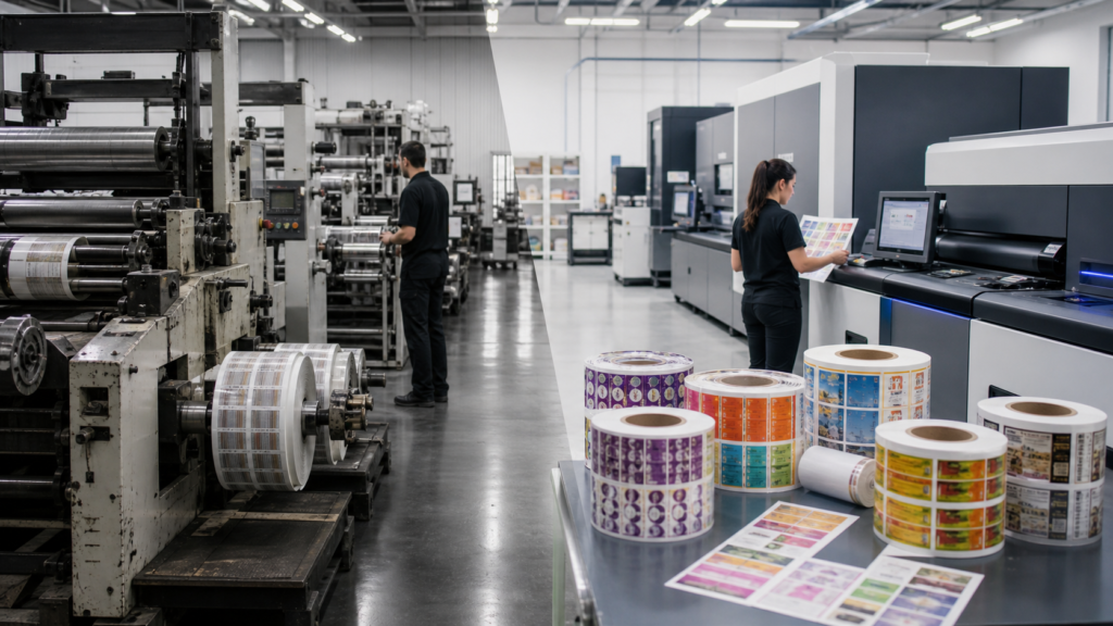 Label production team comparing a digital inkjet press with an existing flexographic workflow