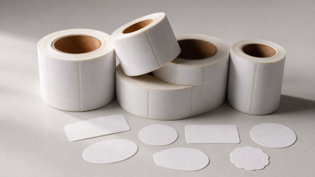 Finished blank label rolls and clean die-cut label shapes beside a rewound roll