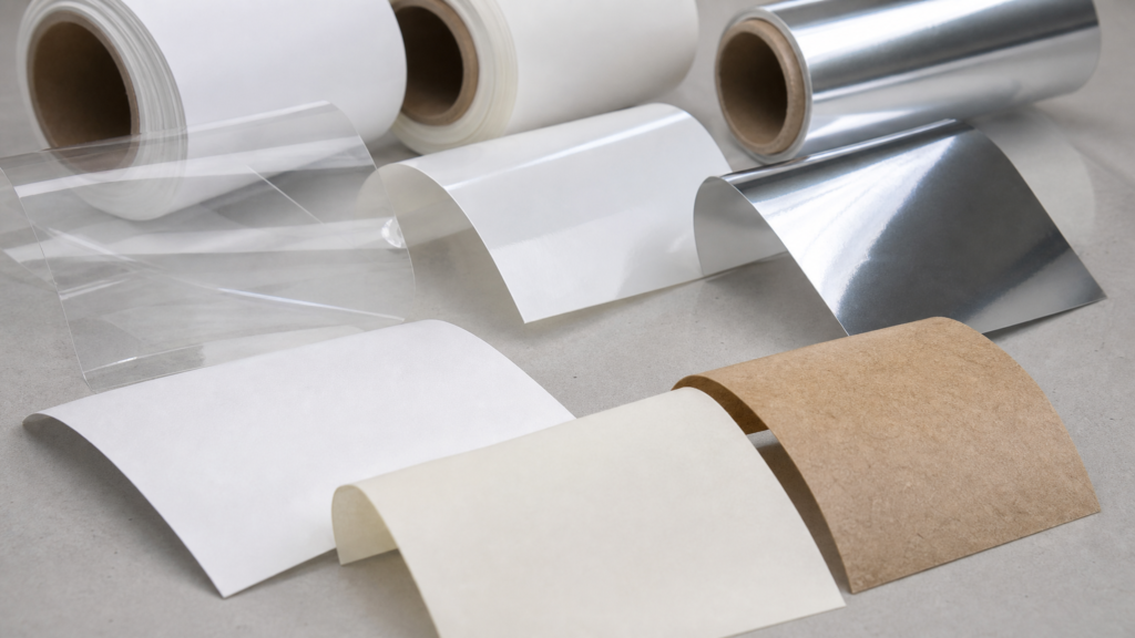 Roll label construction showing liner, adhesive, facestock, and topcoat layers
