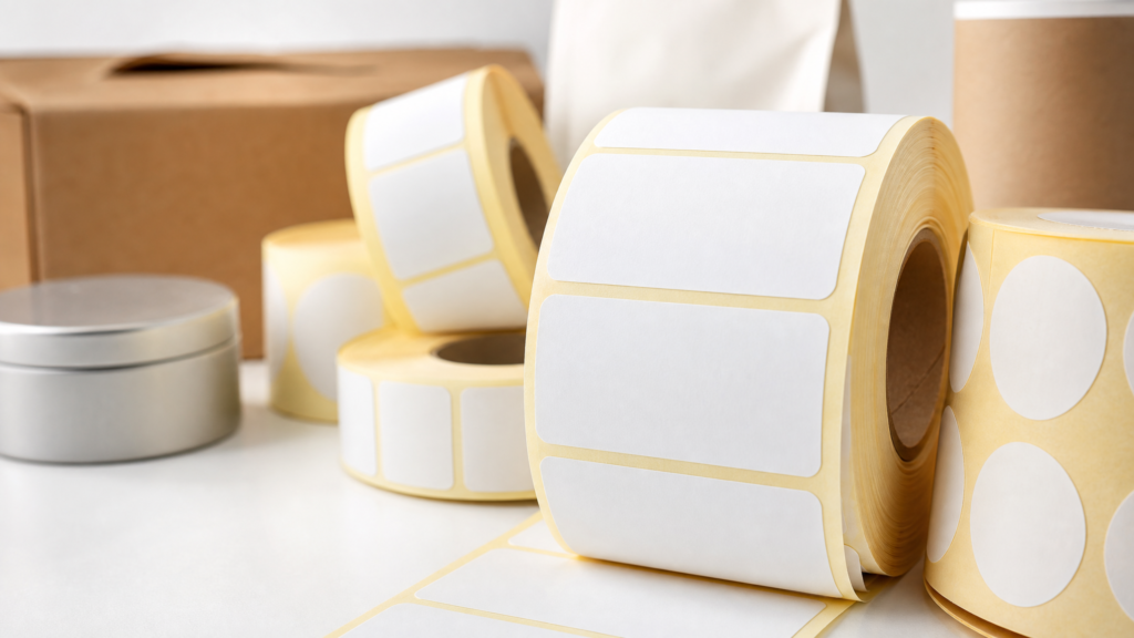 Rolls of pre-cut blank labels in several shapes with paper and film stock samples