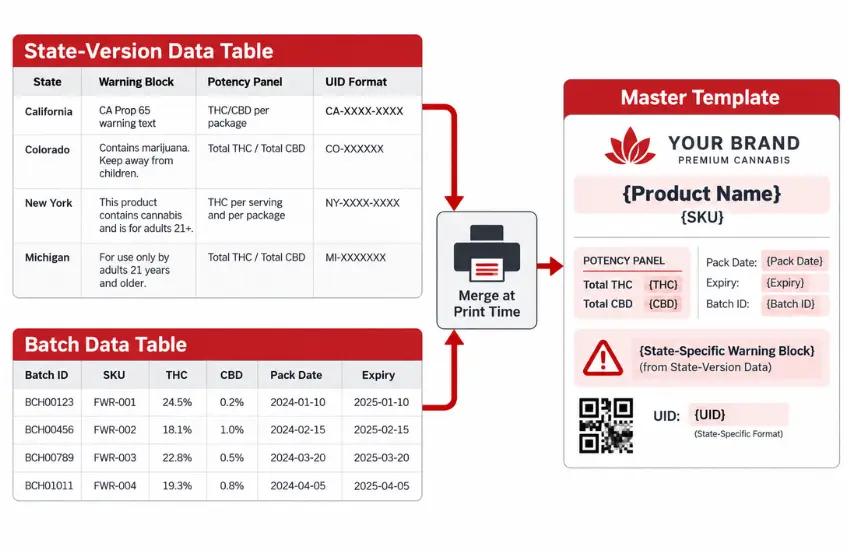 Variable data printing workflow merging state-version and batch data into a cannabis label master template.