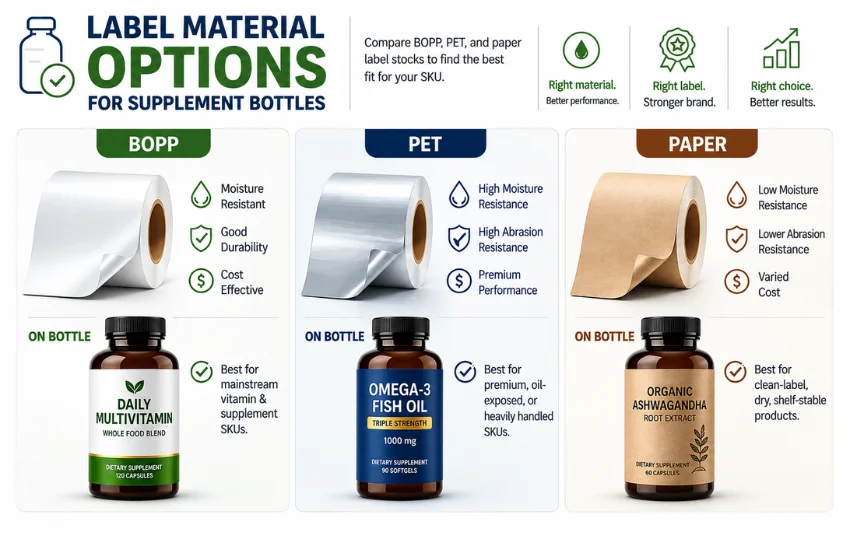 Vitamin bottle label substrate comparison — BOPP for moisture resistance, PET for chemical and abrasion exposure, and paper for dry retail products