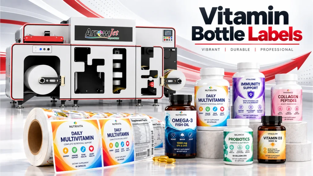 Vitamin bottle labels guide covering BOPP and PET substrate selection, ink systems, and 21 CFR Part 111 compliance controls for HDPE supplement bottles