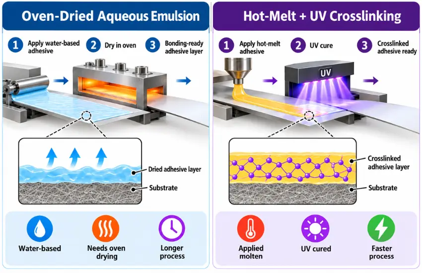 Water-based emulsion adhesive drying versus UV-curable hot melt adhesive crosslinking in pressure sensitive label production.