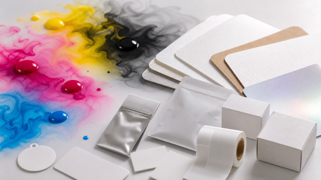 Water-based pigment ink droplets beside printed label material samples
